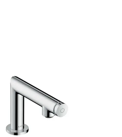 Ein AXOR-Wasserhahn mit geradem Auslauf und einem runden Bedienelement. Die Oberfläche ist glänzend und reflektiert Licht.